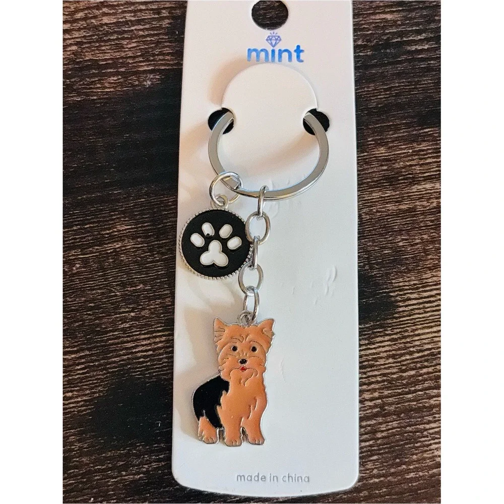 Yorkshire Terrier Yorkie Dog Enamel Keychain Paw Print Charm Silver Tone NWT